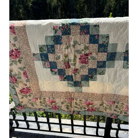 Handmade Patchwork Floral Cotton Quilt Blanket 86x86 Multi Quilted Lap Cover - Picture 5 of 11